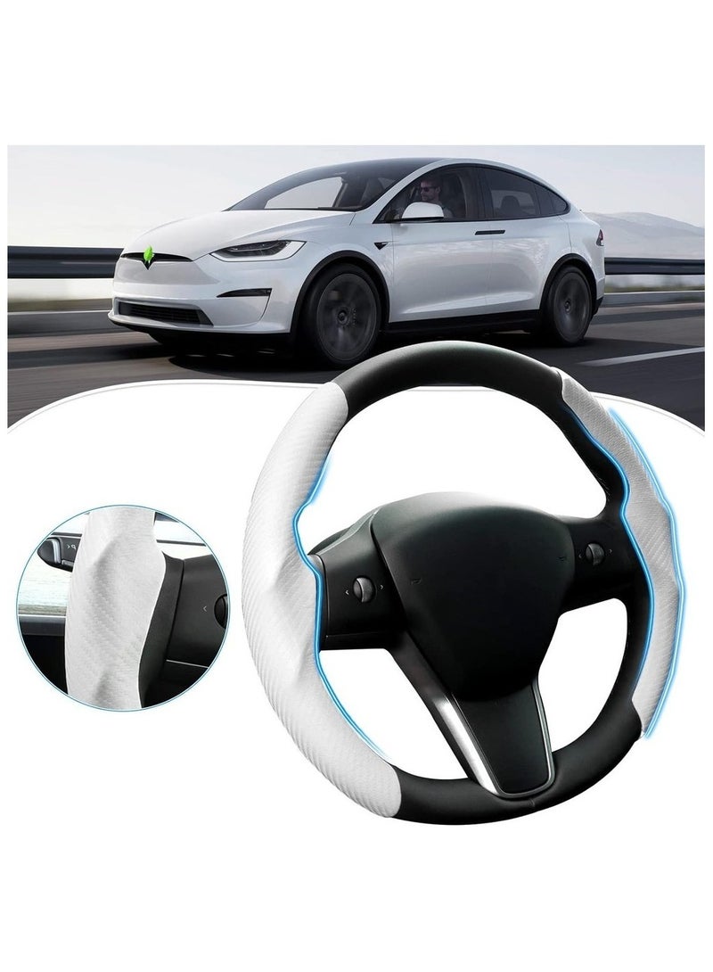 غطاء عجلة القيادة من ألياف الكربون متوافق مع طراز Tesla 3 / Model Y غطاء عجلة قيادة متين غير قابل للانزلاق للرجال والنساء (أبيض قطعتان) - Image 1