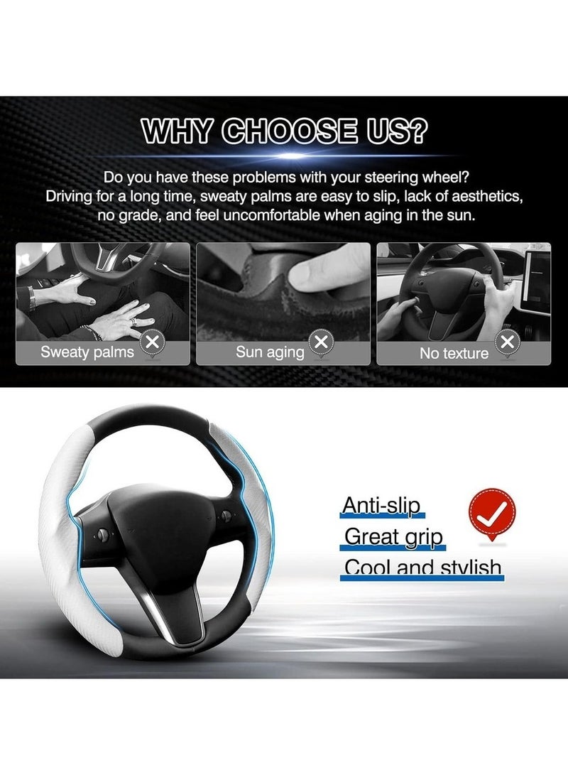 غطاء عجلة القيادة من ألياف الكربون متوافق مع طراز Tesla 3 / Model Y غطاء عجلة قيادة متين غير قابل للانزلاق للرجال والنساء (أبيض قطعتان) - Image 2
