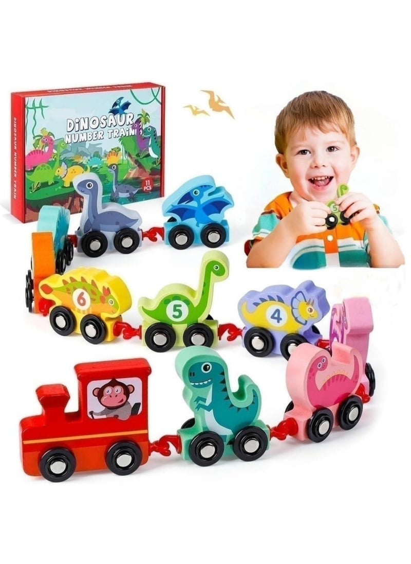 Arabest Wooden Train Set, 11 PCS Wooden Dinosaur Train Toy, Montessori Toys for Toddlers, Trains Car with Numbers 0-10, Count & Color Educational for Boys and Girls 2-6 Year Old  - Image 1