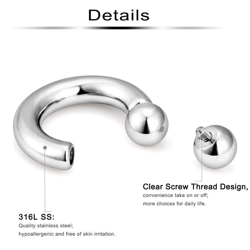 Ftovosyo 2Pcs PA Ring Horseshoe Circular Barbell 316L Surgical Steel Internally Threaded 2G Pierced Body Jewelry for Women 12mm - Image 2