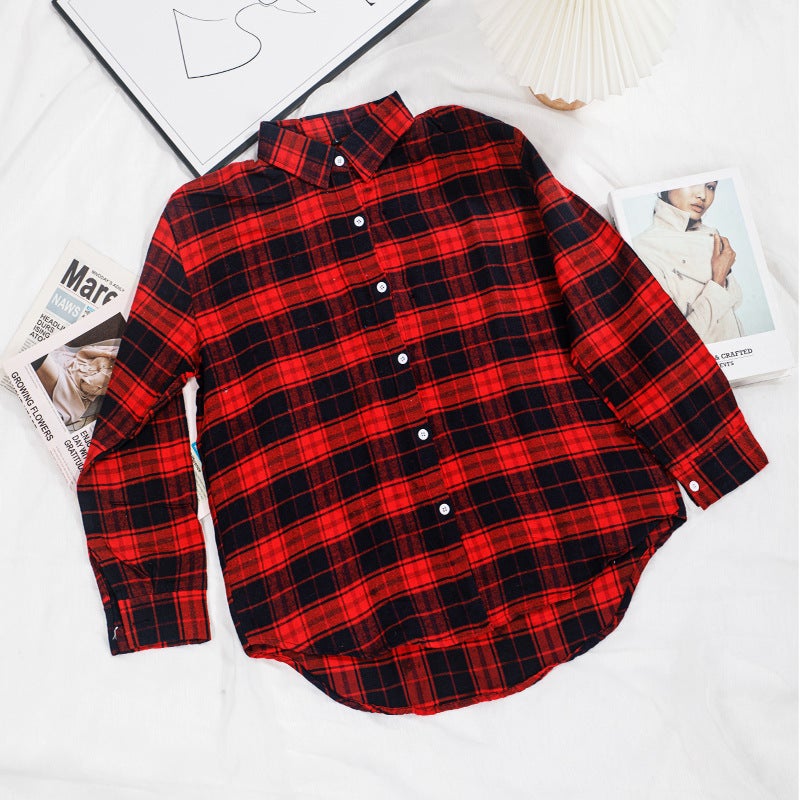 Plaid Shirt Womens Spring and Autumn European High-end Shirt Mid-length Sanding Top Stacked Cardigan Lapel Jacket A6 Red  - Image 1