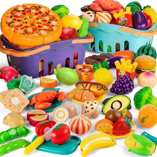 MOEAWS Cutting Play Food Toy For Multiple Kids with 2 Colors Storage BasketsPurpleblue 115 pcs Fake FoodFruitVegetable for Toddler Pretend Kitchen Accessories Boy Girl Classroom LearningBirthday Gift - Image 1