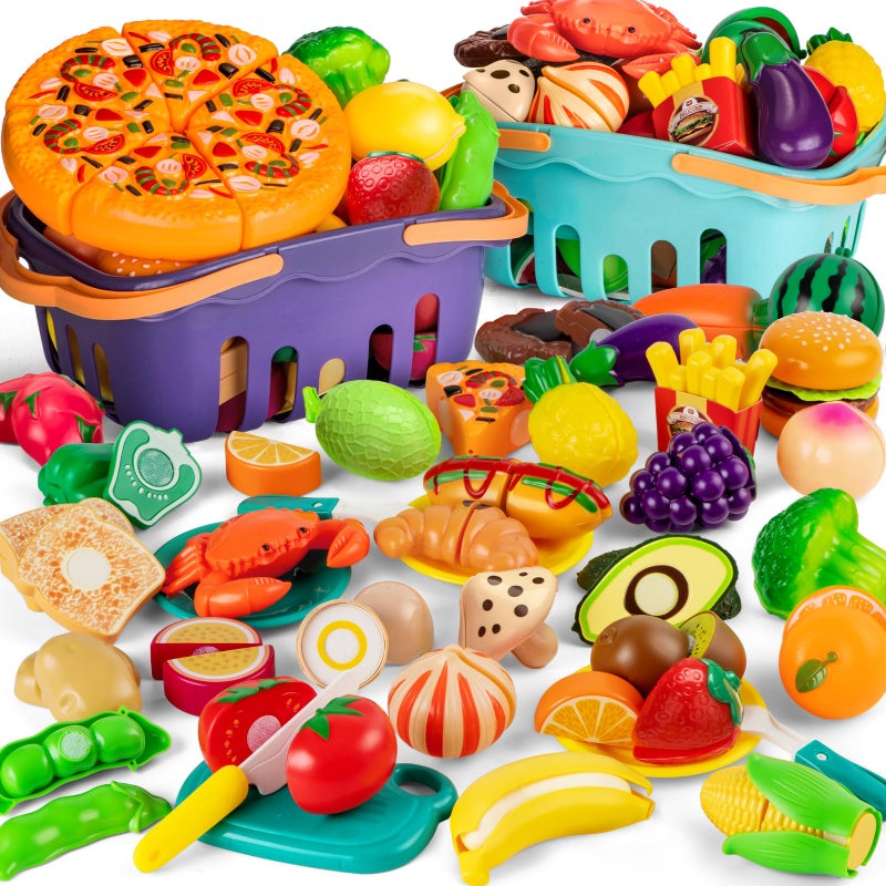 MOEAWS Cutting Play Food Toy For Multiple Kids with 2 Colors Storage BasketsPurpleblue 115 pcs Fake FoodFruitVegetable for Toddler Pretend Kitchen Accessories Boy Girl Classroom LearningBirthday Gift - Image 3