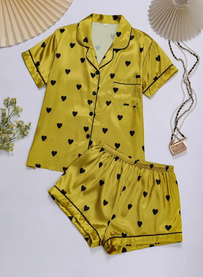 Take Two Multi-Color Hear Print Shirt and Shorts Pajama Set