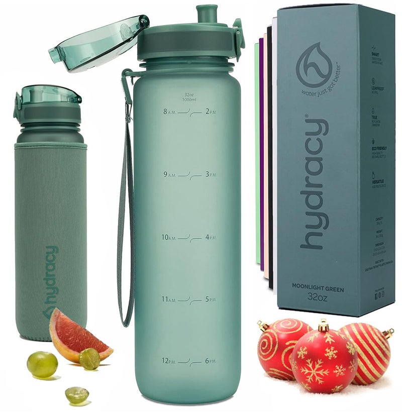 Hydracy Water Bottle with Time Marker - Large 32 oz BPA Free Gym Bottle & No Sweat Sleeve -Leak Proof Lid with Fruit Infuser Strainer & Times to Drink - Ideal for Fitness Sports & Outdoors - Image 1