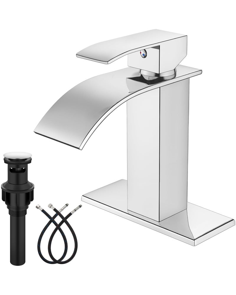 Midanya Polish Chrome Bathroom Faucet with Waterfall Spout, Single Hole or 3-Hole Deck Mount, 304 Stainless Steel Sink Faucet with Pop-Up Drain, RV Vanity Compatible - Image 1