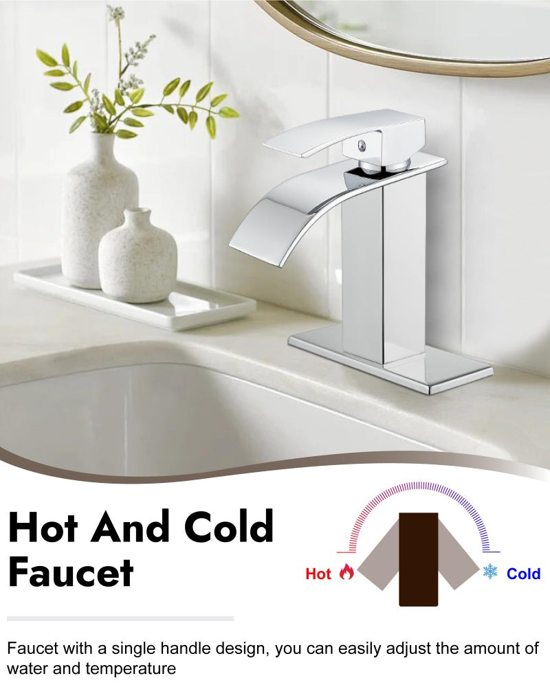 Midanya Polish Chrome Bathroom Faucet with Waterfall Spout, Single Hole or 3-Hole Deck Mount, 304 Stainless Steel Sink Faucet with Pop-Up Drain, RV Vanity Compatible - Image 3