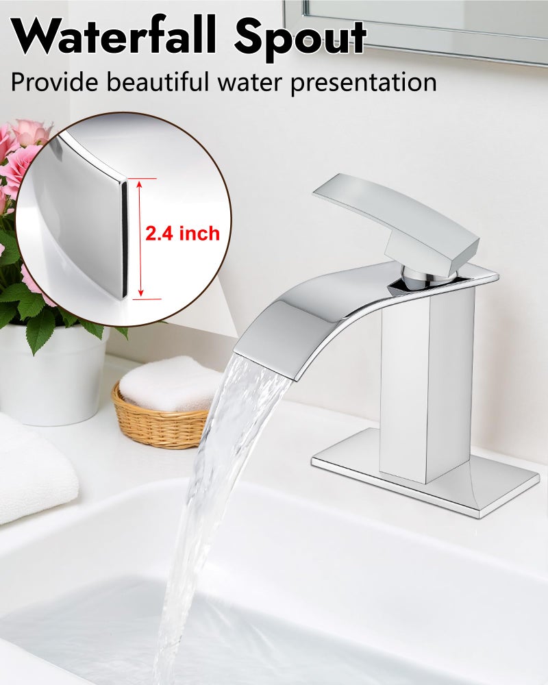 Midanya Polish Chrome Bathroom Faucet with Waterfall Spout, Single Hole or 3-Hole Deck Mount, 304 Stainless Steel Sink Faucet with Pop-Up Drain, RV Vanity Compatible - Image 2