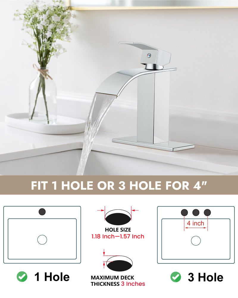Midanya Polish Chrome Bathroom Faucet with Waterfall Spout, Single Hole or 3-Hole Deck Mount, 304 Stainless Steel Sink Faucet with Pop-Up Drain, RV Vanity Compatible - Image 4