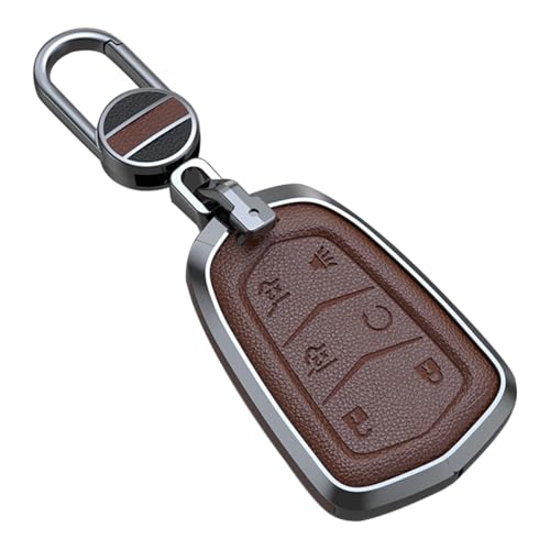 ontto 6-Button Key Fob Cover Fit for Cadillac Escalade 2015-2020 Smart Remote Key Case Metal and Leather Key Holder Full Protection Fit for Cadillac XT4 XT5 XT6 Accessories Brown - Image 1