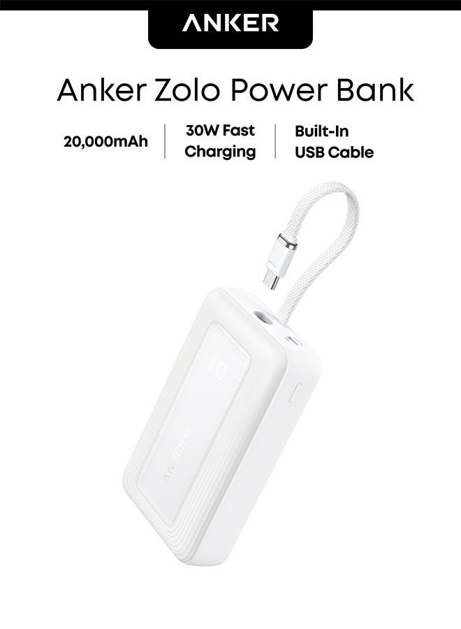 أنكر بنك طاقة زولو، 20000 مللي أمبير 30 واط شاحن محمول عالي السرعة مع كابل USB-C مدمج، حزمة بطارية لجهاز آيفون 17/17 إير/17 برو/17 برو ماكس/16 سلسلة، جالاكسي، والمزيد (أبيض، 20000 مللي أمبير) - Image 1