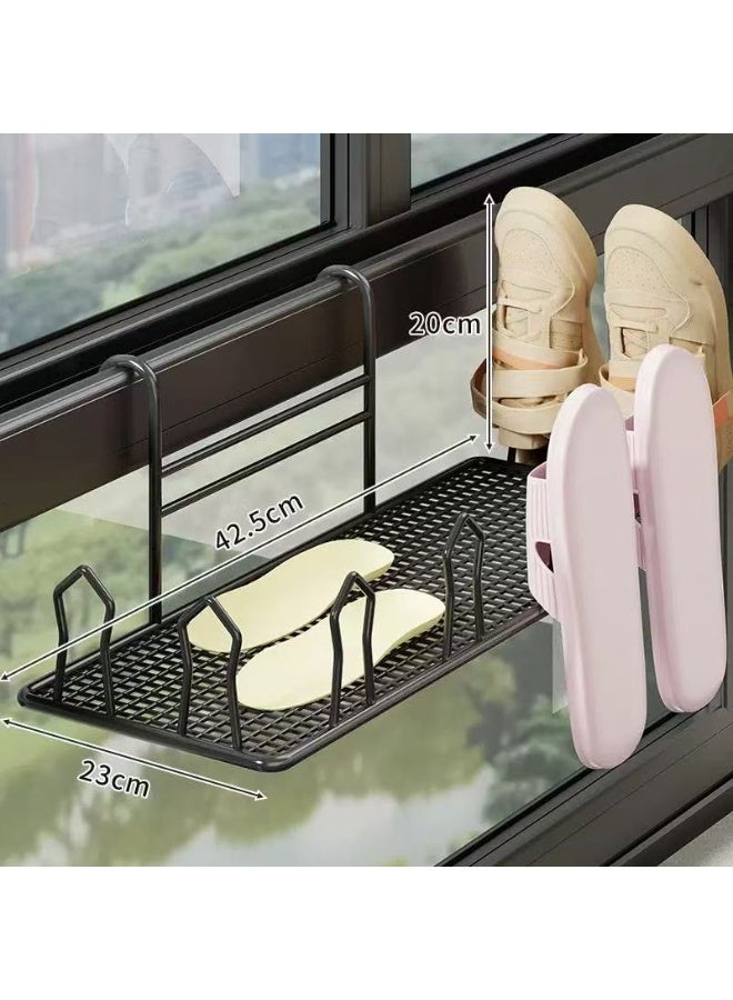 Over Window Shoe Drying Rack - Black Iron Hanging Shoe Organizer with Grid Design, Space-Saving Shoe Rack for Balcony, Window Sill, Holds Shoes, Slippers, Insoles - Image 1