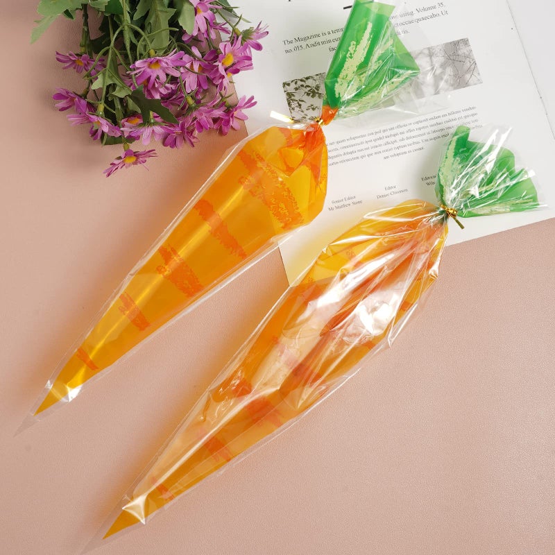 VEIREN 100 Pieces Cone Candy Bags Creative Carrot Shape Treat Bag with Twist Ties Cellophane Goody Cookies DIY Translucent Gift Storage Packaging Bag for Holiday Birthday Wedding Party Decor - Image 2