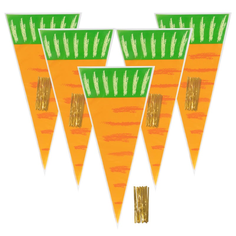 VEIREN 100 Pieces Cone Candy Bags Creative Carrot Shape Treat Bag with Twist Ties Cellophane Goody Cookies DIY Translucent Gift Storage Packaging Bag for Holiday Birthday Wedding Party Decor - Image 1