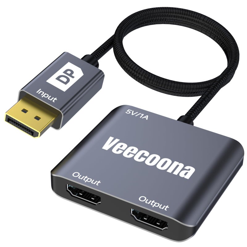Veecoona DisplayPort to Dual HDMI Adapter 1 in 2 Out | 4K60Hz, DP Source to HDMI Splitter Extended Display port splitter for Dual monitors, for Desktop,Laptop,NVIDIA, AMD Graphics Card - MACOS Not Support MST - Image 1