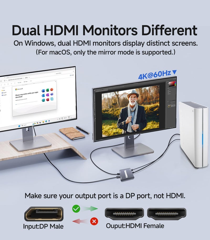Veecoona DisplayPort to Dual HDMI Adapter 1 in 2 Out | 4K60Hz, DP Source to HDMI Splitter Extended Display port splitter for Dual monitors, for Desktop,Laptop,NVIDIA, AMD Graphics Card - MACOS Not Support MST - Image 4