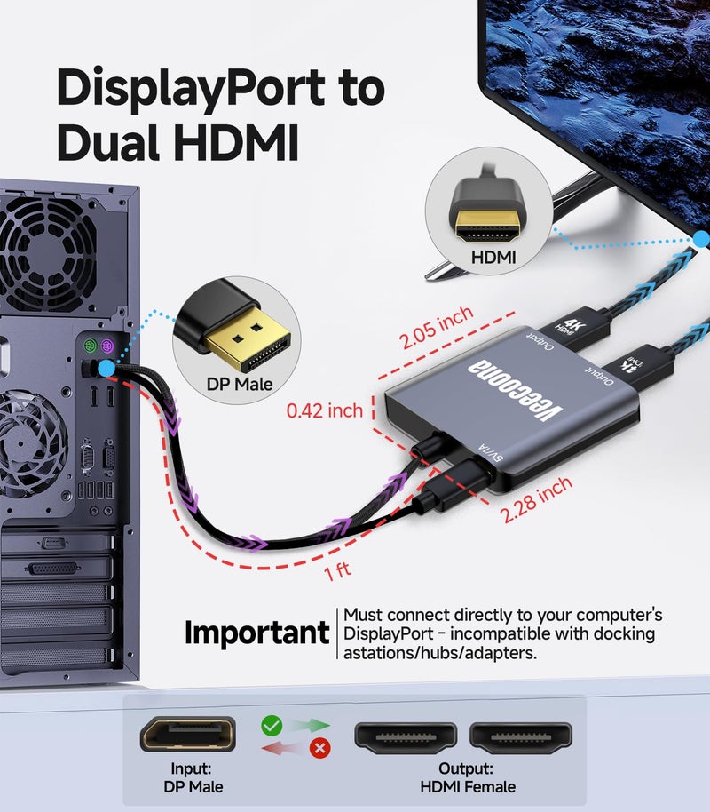Veecoona DisplayPort to Dual HDMI Adapter 1 in 2 Out | 4K60Hz, DP Source to HDMI Splitter Extended Display port splitter for Dual monitors, for Desktop,Laptop,NVIDIA, AMD Graphics Card - MACOS Not Support MST - Image 5