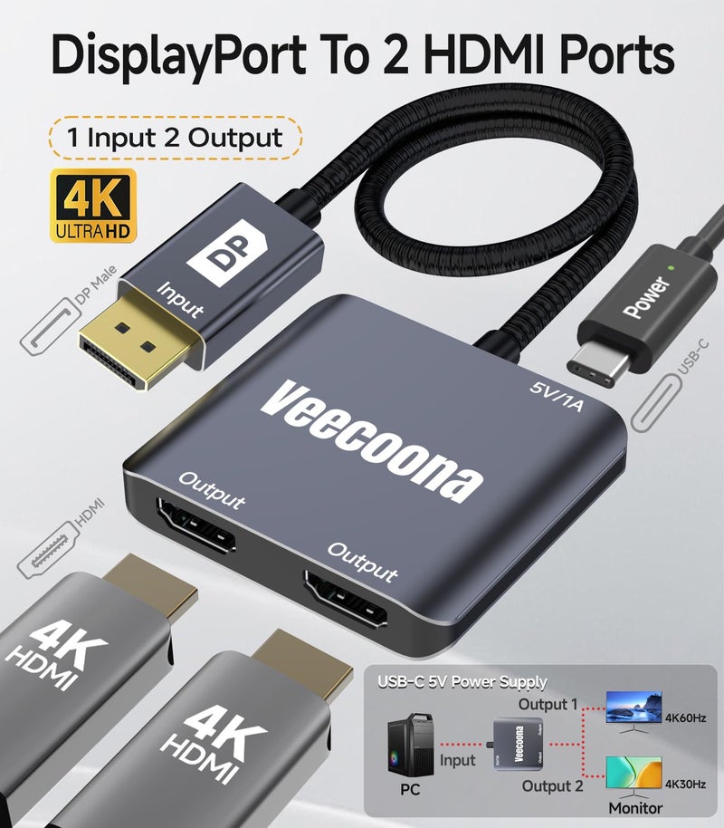 Veecoona DisplayPort to Dual HDMI Adapter 1 in 2 Out | 4K60Hz, DP Source to HDMI Splitter Extended Display port splitter for Dual monitors, for Desktop,Laptop,NVIDIA, AMD Graphics Card - MACOS Not Support MST - Image 2