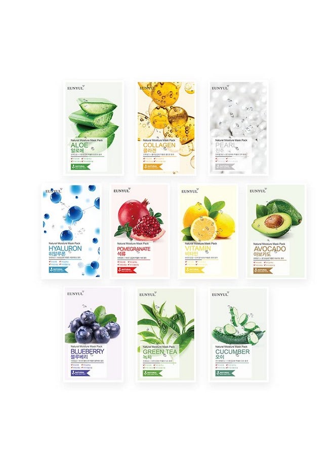 Eunyul EUNYUL [PACK OF 10] Natural Sheet Mask Pack 10 types Korean Skincare Facial Mask Pack/Aloe, Collagen, Pearl, Hyaluron, Avocado, Pomegranate, Vitamin, Blueberry, Green Tea, Cucumber  - Image 1