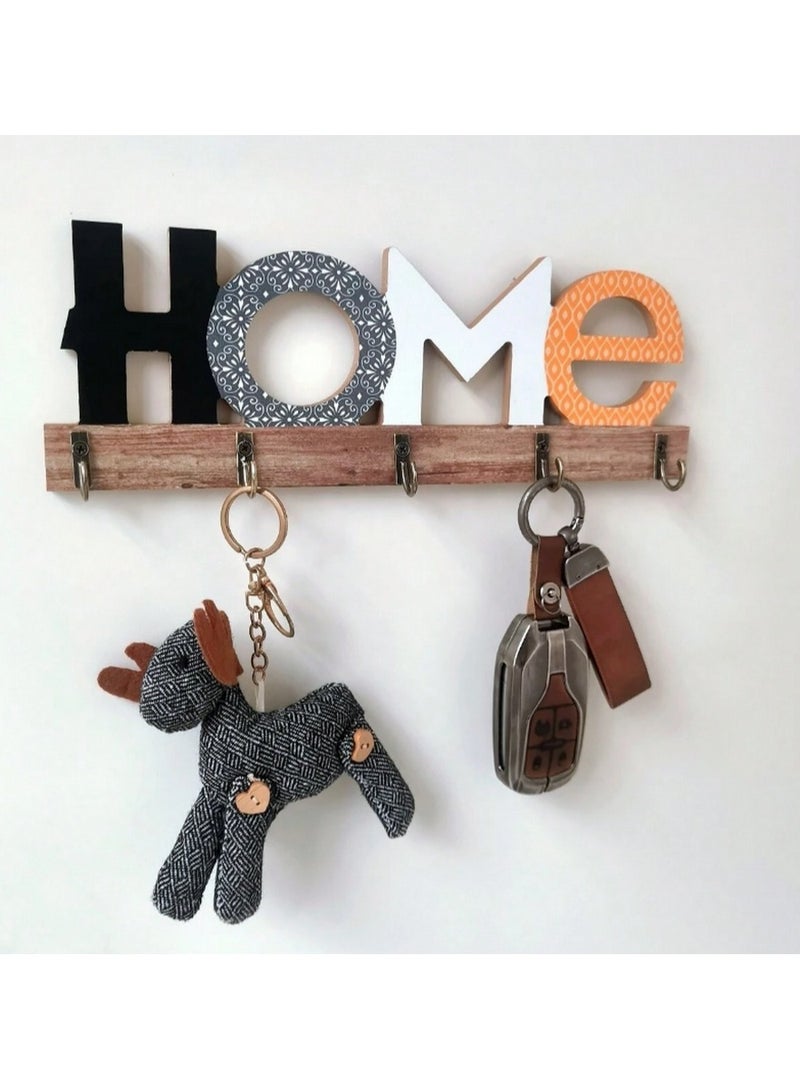 “HOME” Wall Key Holder – 29.5cm Wooden Organizer with 5 Hooks & Mixed Letter Designs - Image 1