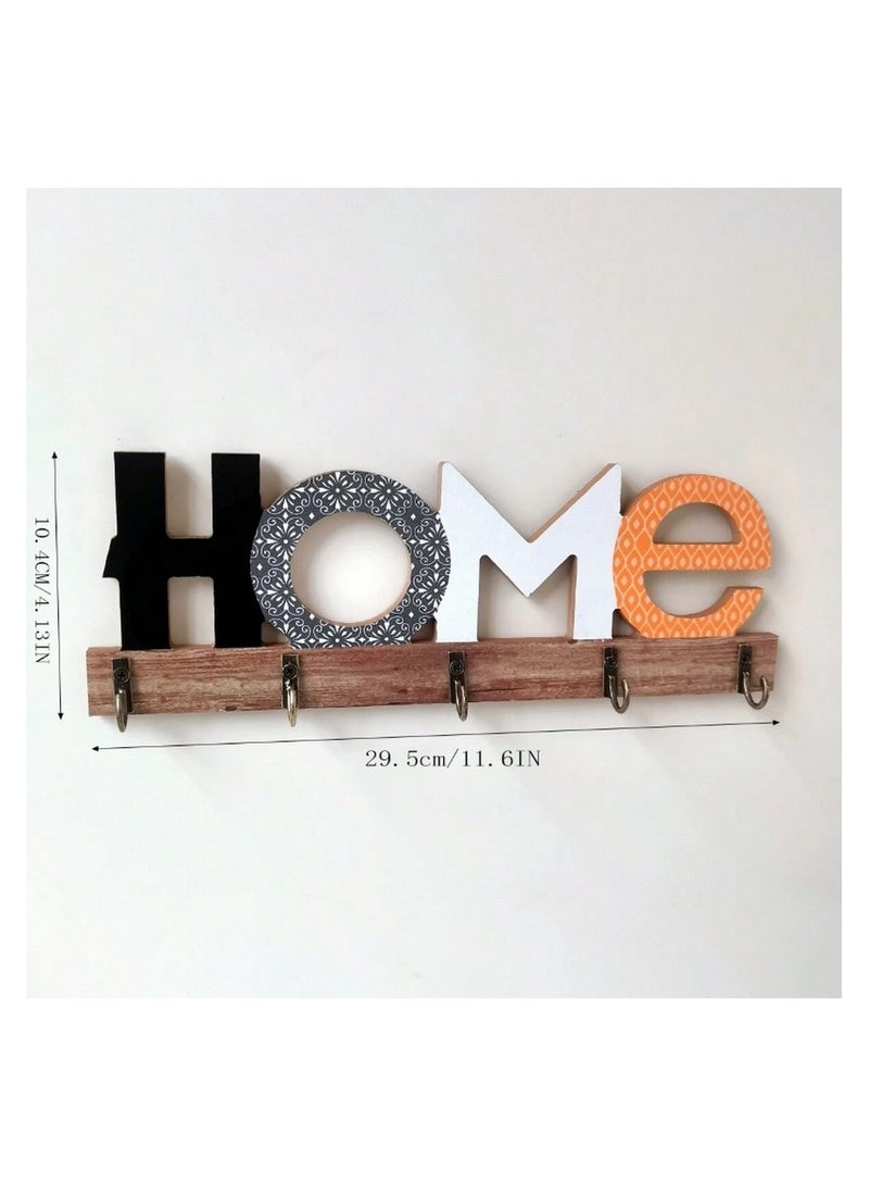 “HOME” Wall Key Holder – 29.5cm Wooden Organizer with 5 Hooks & Mixed Letter Designs - Image 2