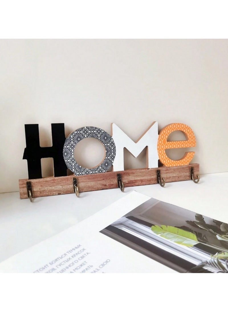 “HOME” Wall Key Holder – 29.5cm Wooden Organizer with 5 Hooks & Mixed Letter Designs - Image 3