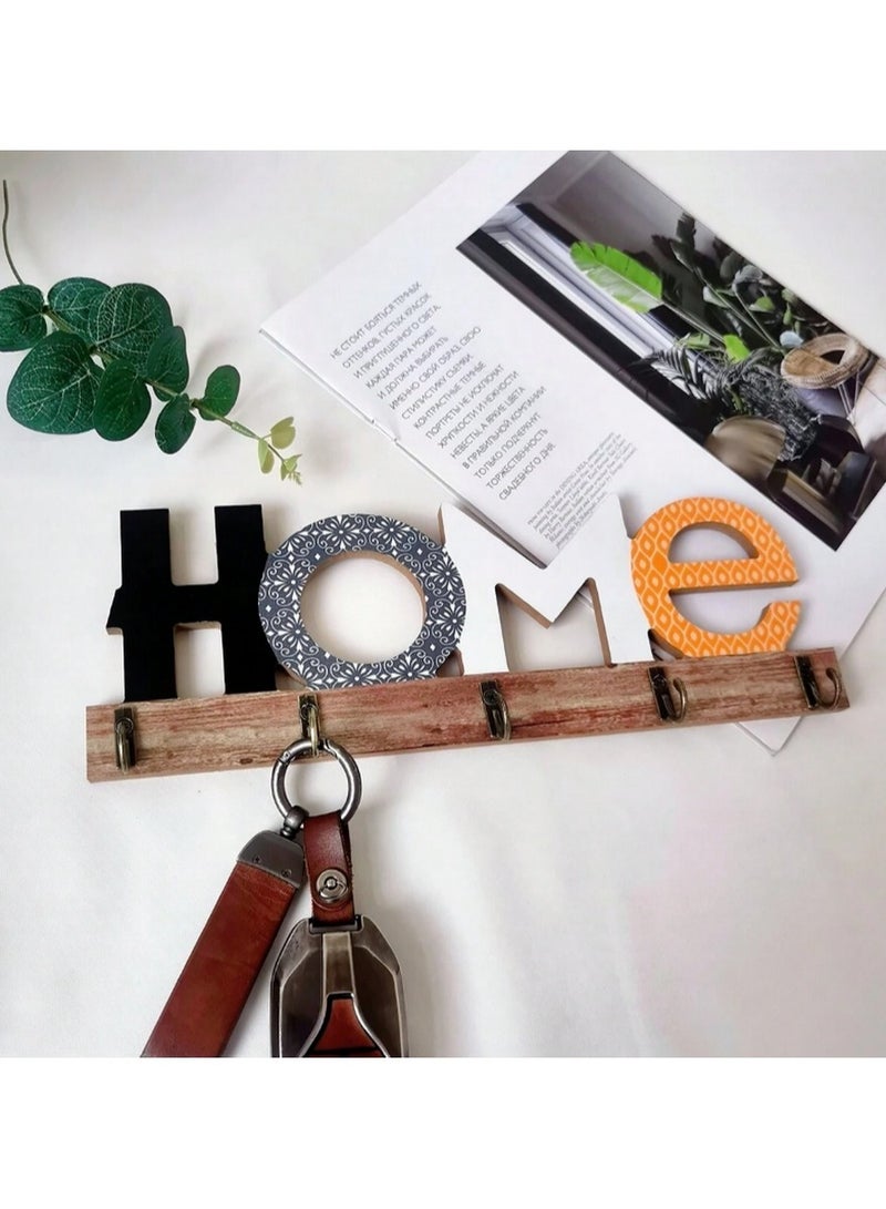 “HOME” Wall Key Holder – 29.5cm Wooden Organizer with 5 Hooks & Mixed Letter Designs - Image 4