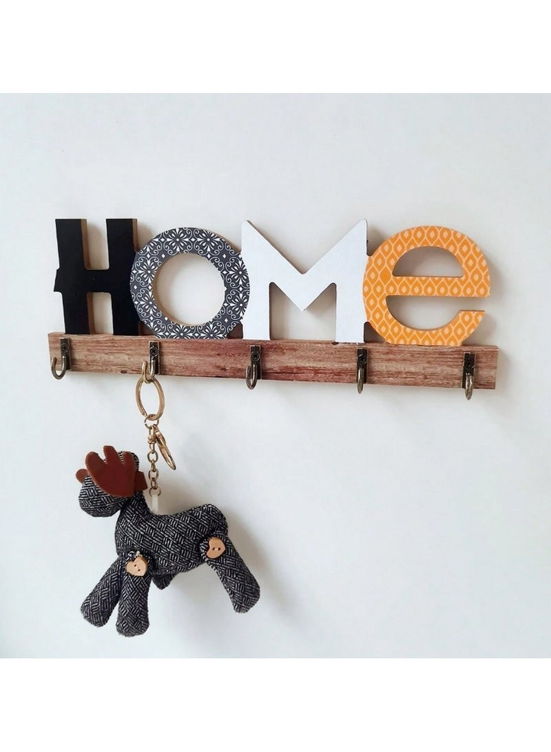 “HOME” Wall Key Holder – 29.5cm Wooden Organizer with 5 Hooks & Mixed Letter Designs - Image 5