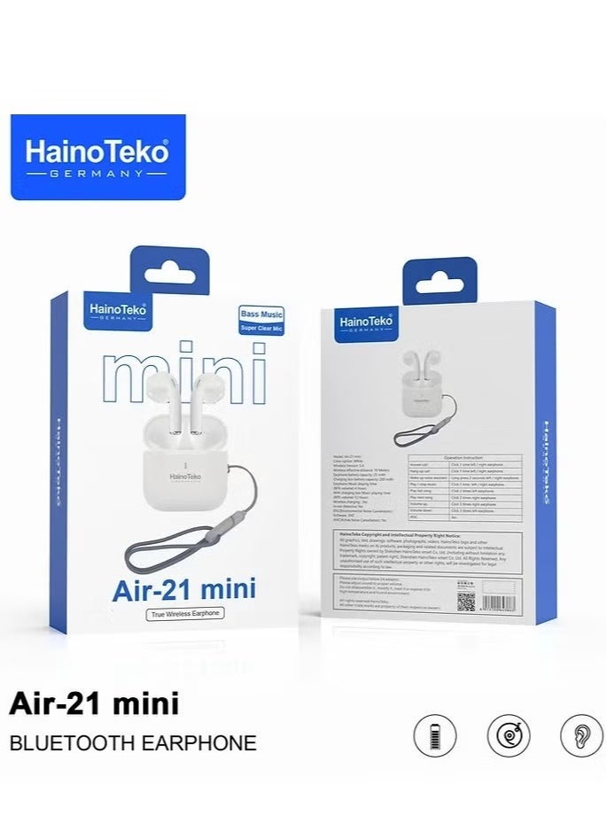 Haino Teko Wireless AIR-21 In-Ear Bluetooth Earphone | Premium Sound, Free Cover with Hook, Compatible with iOS & Android, Comfortable & Lightweight, White - Image 1