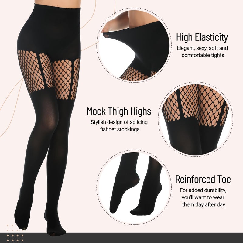 MANZI Womens Faux Thigh High Fishnet Stockings Stitching Opaque Pantyhose Mock Over the Knee Goth Tights Striped Suspender Nylons(1 Suspender+1 Striped) - Image 4