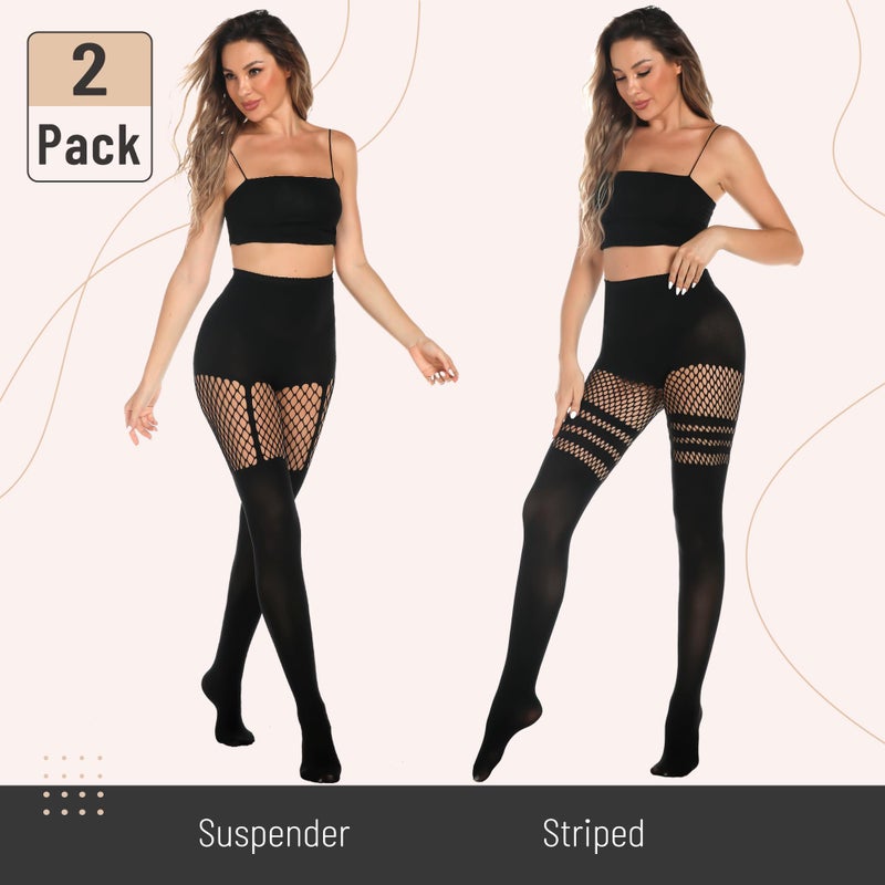 MANZI Womens Faux Thigh High Fishnet Stockings Stitching Opaque Pantyhose Mock Over the Knee Goth Tights Striped Suspender Nylons(1 Suspender+1 Striped) - Image 2