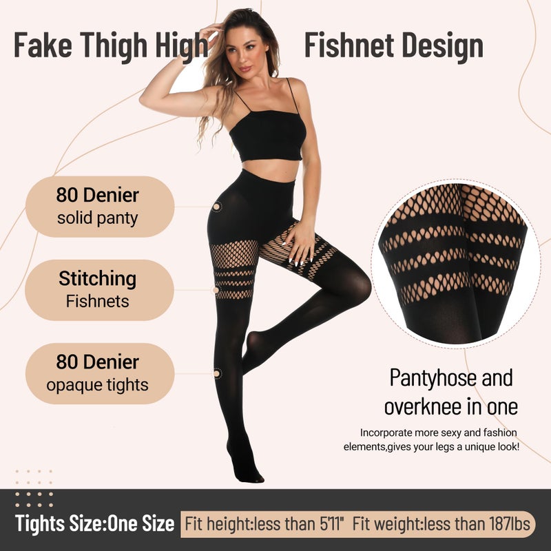 MANZI Womens Faux Thigh High Fishnet Stockings Stitching Opaque Pantyhose Mock Over the Knee Goth Tights Striped Suspender Nylons(1 Suspender+1 Striped) - Image 3