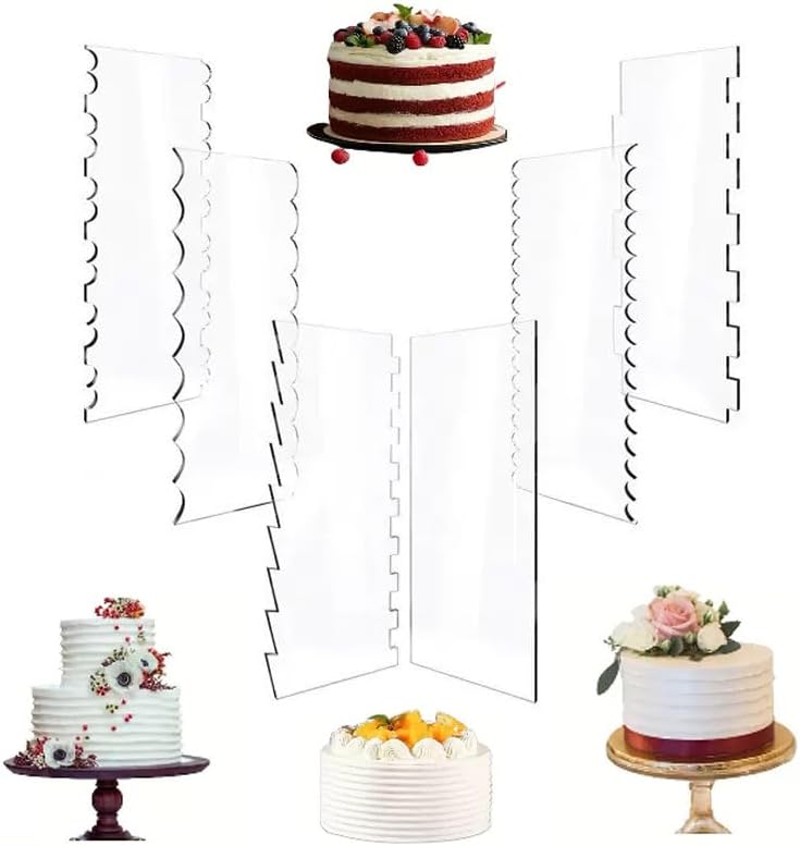 AZOFIA 6 Pack Cake Scraper Smoother, Acrylic Double Edge Sided Patterned Cake Decorating Scraper Comb for Mousse Butter Cream Dessert Decor - Image 1