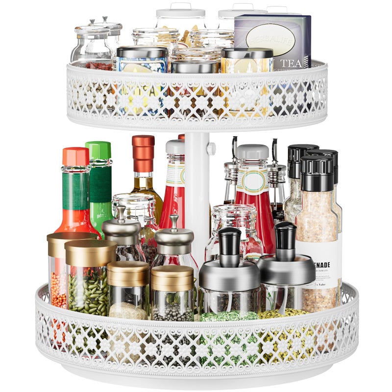 OVICAR Lazy Susan Organizer 2 Tier - Turntable Spice Rack 12 inch Adjustable Metal Rotating Lazy Susan for Cabinet Pantry Kitchen Countertop Dining Table Cupboard Bathroom Vanity Storage White - Image 1