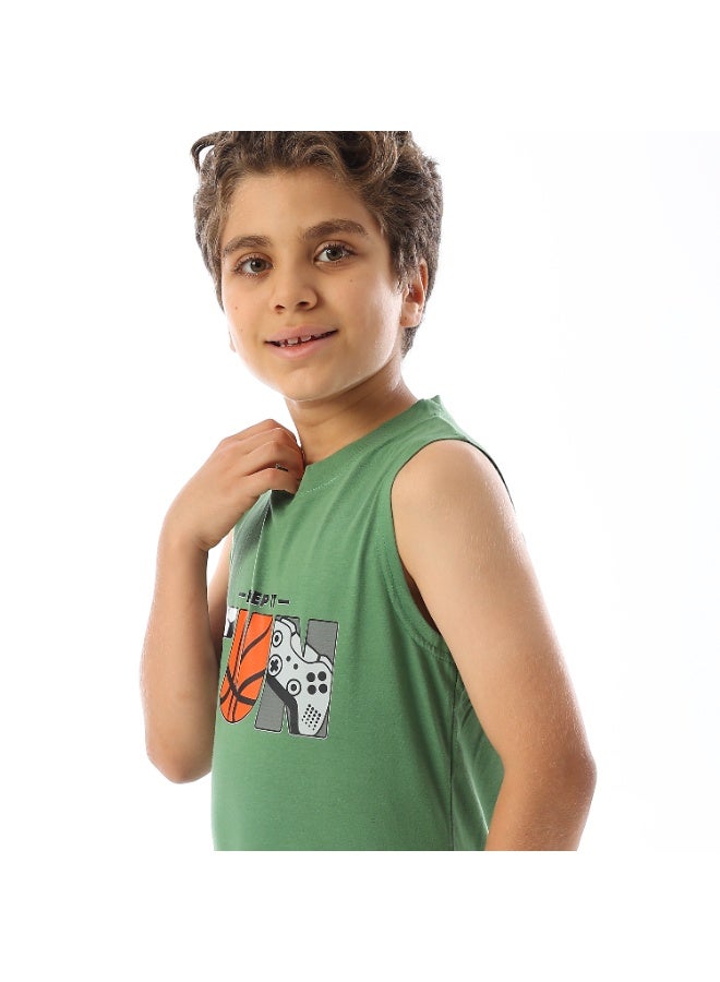 Andora Sleeveless Printed Boys Tank Top - Green - Image 3