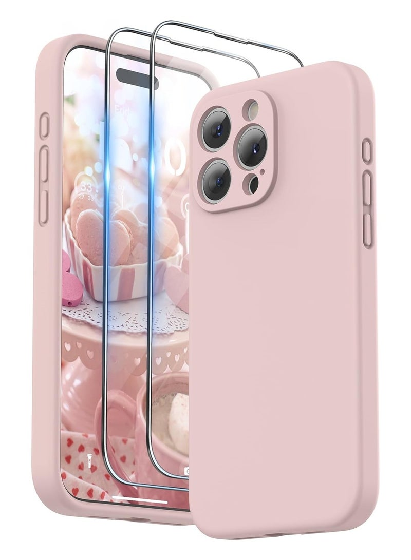 ELTRAZONE تصميم لغطاء iPhone 15 Pro Max، سيليكون سائل [2 واقيات شاشة و 1 حبل] حماية لكل عدسة غطاء مضاد للصدمات لـ iPhone 15 Pro Max 6.7 بوصة 2023، رمال وردية - Image 1