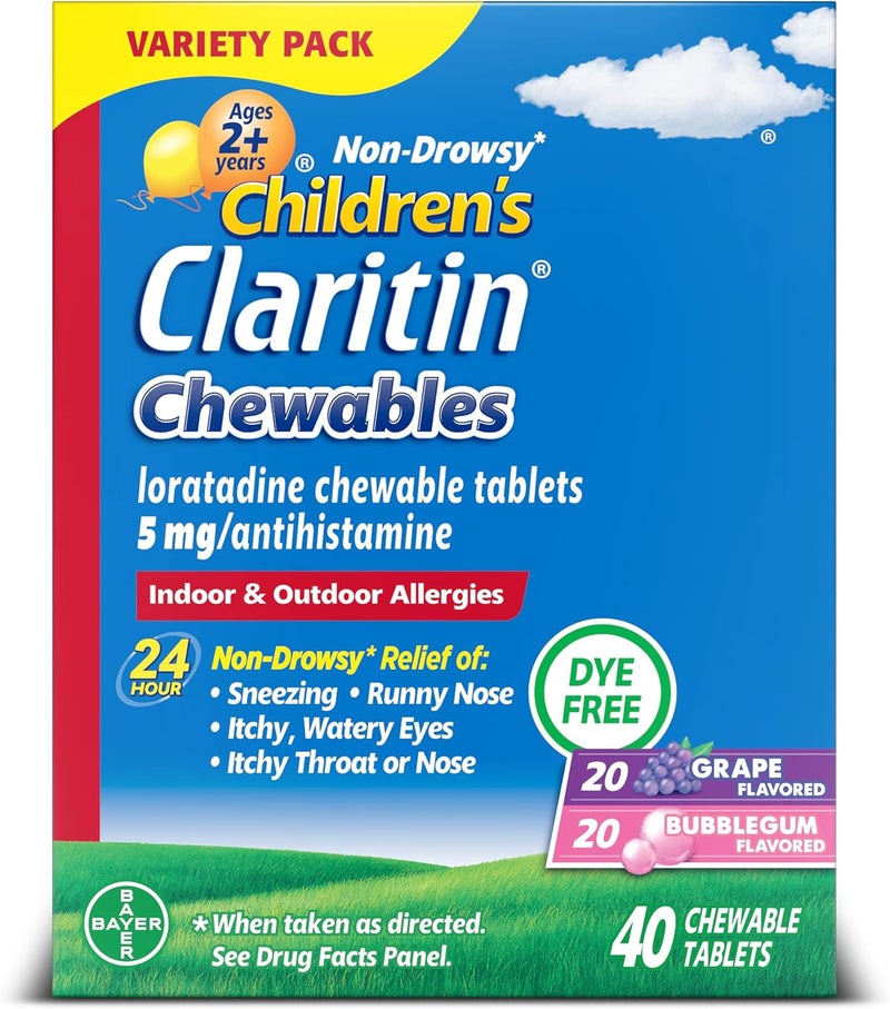 Claritin كلاريتين دواء حساسية للأطفال 24 ساعة غير مسبب للنعاس لوراتادين 5 ملغ أقراص قابلة للمضغ مضاد للهستامين للأطفال من عمر سنتين وما فوق بنكهتي العنب ولبان 40 قرص - Image 1