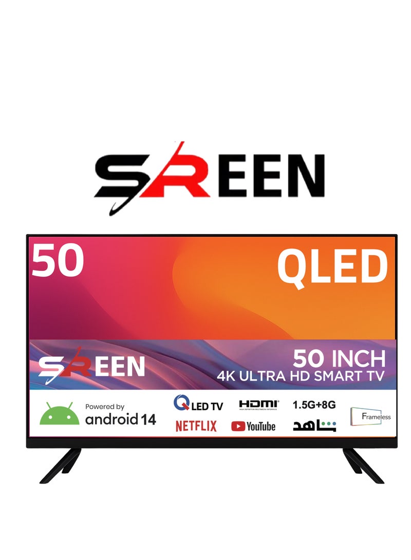 سرين SREEN تلفزيون ٥٠ بوصة فريملس، 4K UHD، سمارت بنظام Android 14، شاشة DLED، منافذ HDMI وUSB، دعم Wi-Fi – SRET-50S4KQ2 - Image 1