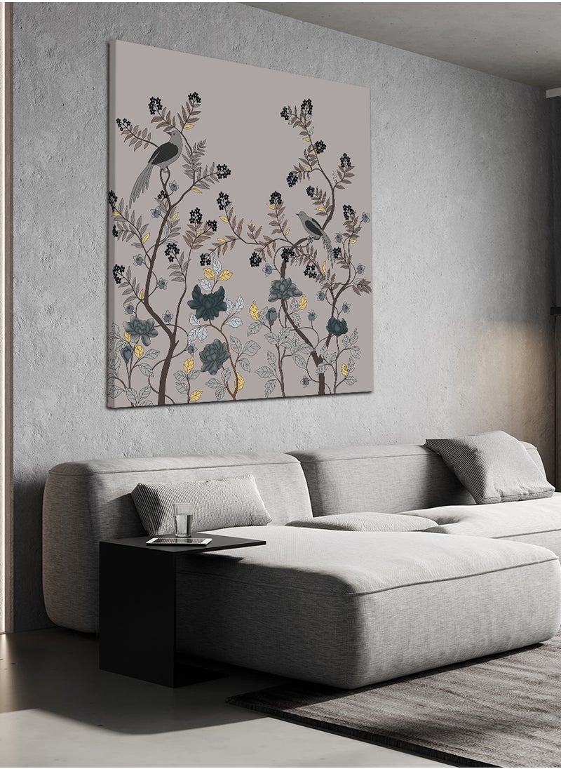 LOWHA Square Canvas Wall Art Stretched Over Wooden Frame with Birds and Flowers Painting  - Image 1