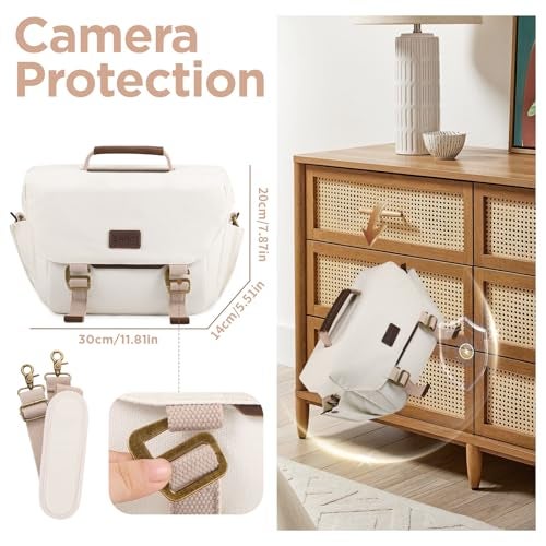 SMRITI Canvas Camera Bag Small- DSLR/SLR Waterproof Camera Bag for Canon/Sony/Nikon/Fuji, Cute Camera Sling Bag with Rain Cover, Travel Crossbody Camera Case Bag for Women Men Photographer (White) - Image 2