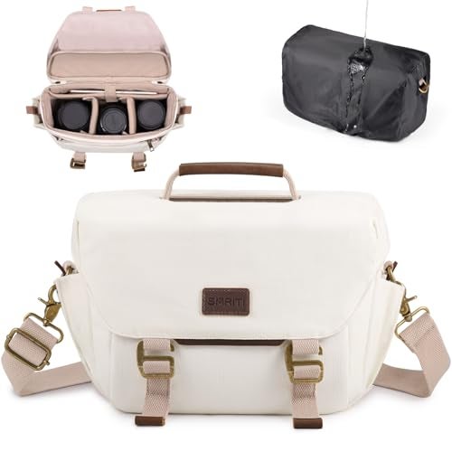 SMRITI Canvas Camera Bag Small- DSLR/SLR Waterproof Camera Bag for Canon/Sony/Nikon/Fuji, Cute Camera Sling Bag with Rain Cover, Travel Crossbody Camera Case Bag for Women Men Photographer (White) - Image 1