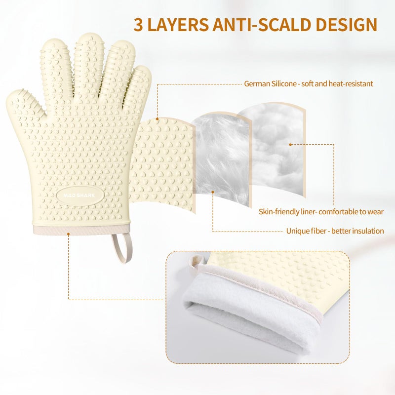 MAD SHARK Silicone Oven Mitts Heat Resistant 450 Degrees,Waterproof & Non-Slip Oven Gloves with Fingers,Cotton Lined Silicone Oven Gloves Kitchen Mitts for Baking Cooking Barbecue,Women,Oven (White) - Image 5