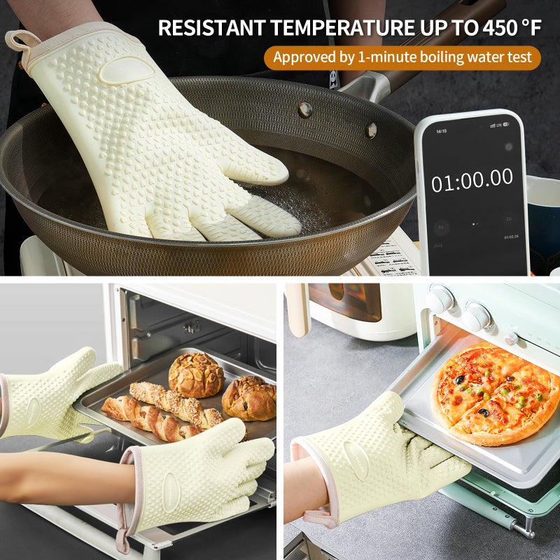 MAD SHARK Silicone Oven Mitts Heat Resistant 450 Degrees,Waterproof & Non-Slip Oven Gloves with Fingers,Cotton Lined Silicone Oven Gloves Kitchen Mitts for Baking Cooking Barbecue,Women,Oven (White) - Image 2