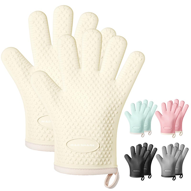 MAD SHARK Silicone Oven Mitts Heat Resistant 450 Degrees,Waterproof & Non-Slip Oven Gloves with Fingers,Cotton Lined Silicone Oven Gloves Kitchen Mitts for Baking Cooking Barbecue,Women,Oven (White) - Image 1