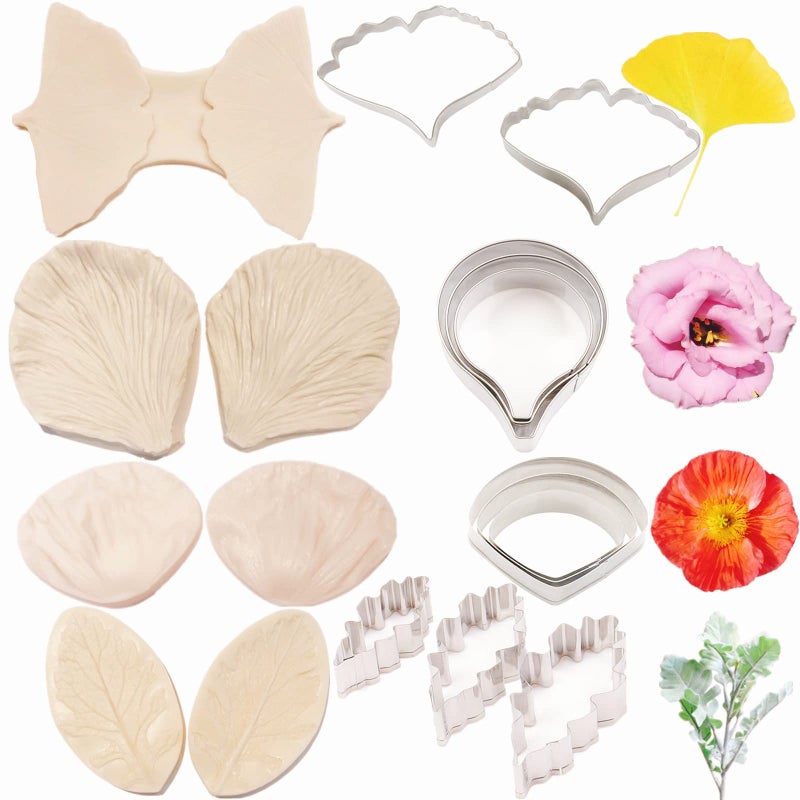 kulepin 8set Gumpaste Flower Silicone Mold and Cutter Stainless Steel Flower Cutter Fondant Flower Veining Molds Sugarcraft Flowers Making Tools for Cupacke Cookie Toppers Wedding Birthday Cake Decorating - Image 1