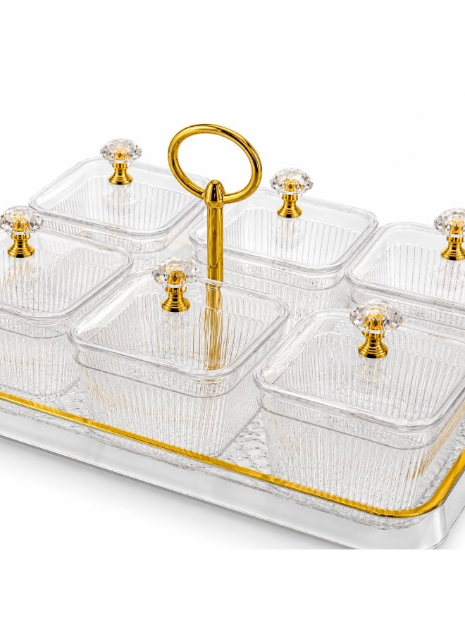 BARIQ.HOMES BARIQ HOMES Acrylic Serving Set with 6 Lidded Containers, Gold Carry Handle & Tray, 30x22cm Snack Organizer for Nuts, Dates, Candy and Sweets, Clear/Gold - Image 5
