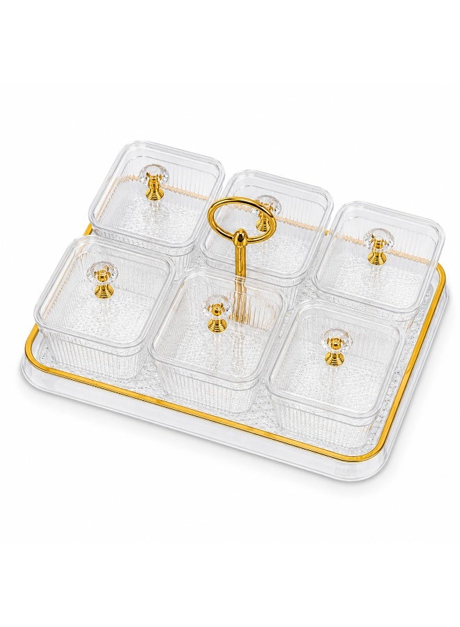 BARIQ.HOMES BARIQ HOMES Acrylic Serving Set with 6 Lidded Containers, Gold Carry Handle & Tray, 30x22cm Snack Organizer for Nuts, Dates, Candy and Sweets, Clear/Gold - Image 3