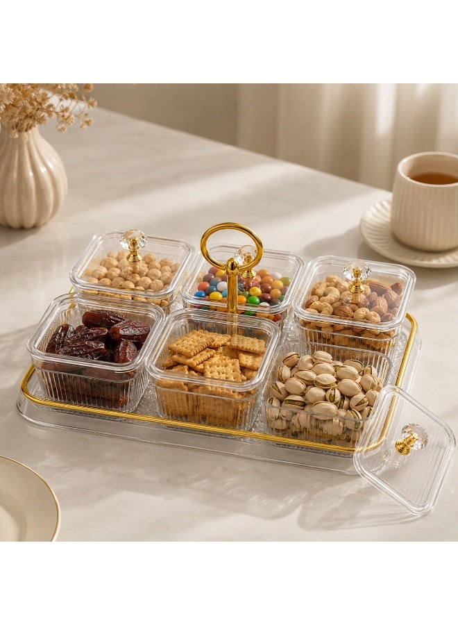 BARIQ.HOMES BARIQ HOMES Acrylic Serving Set with 6 Lidded Containers, Gold Carry Handle & Tray, 30x22cm Snack Organizer for Nuts, Dates, Candy and Sweets, Clear/Gold - Image 2
