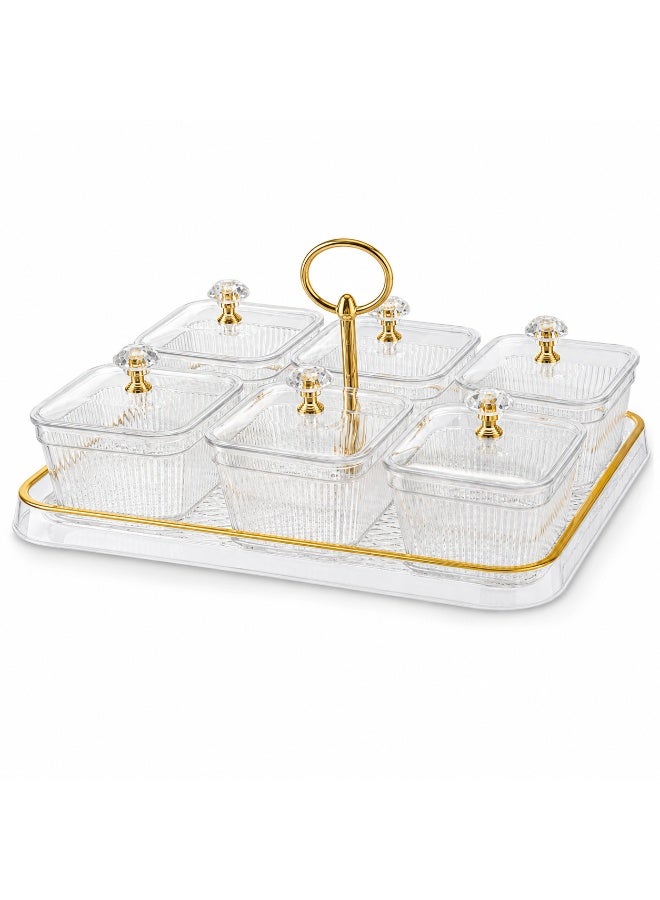 BARIQ.HOMES BARIQ HOMES Acrylic Serving Set with 6 Lidded Containers, Gold Carry Handle & Tray, 30x22cm Snack Organizer for Nuts, Dates, Candy and Sweets, Clear/Gold - Image 1