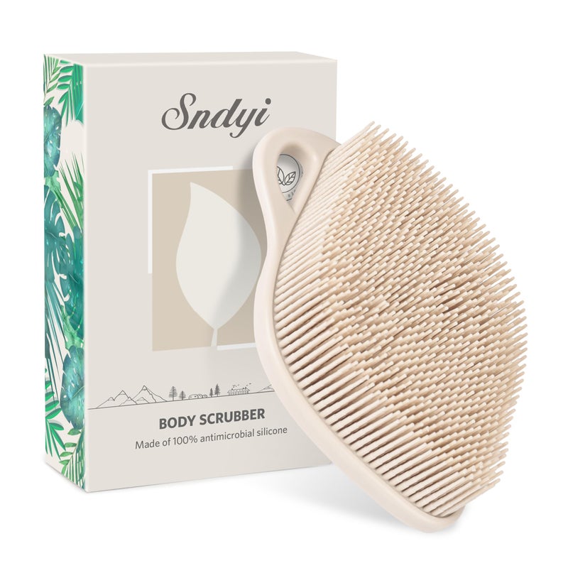 Sndyi Silicone Body Scrubber, Gentle Exfoliating Body Scrubber for Sensitive Skin, Leaf Shaped Shower Scrubber for Body with Lathering Bristles, Silicone Loofah Body Brush for Showering, Oatmeal - Image 1